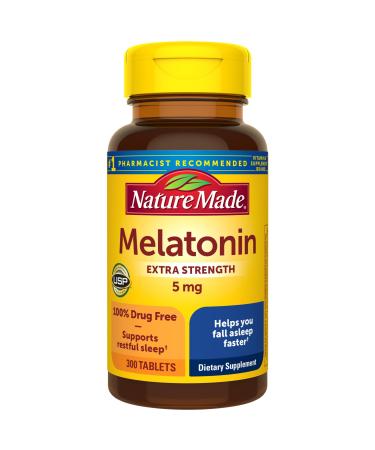 Nature Made Melatonin 5mg Extra Strength Tablets 100% Drug Free Sleep Aid Sleep Supplements for Adults 300 Tablets 300 Day Supply 300 Count (Pack of 1)