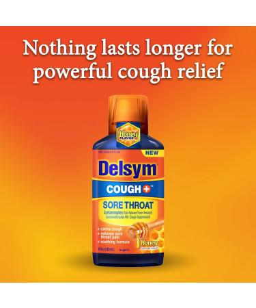 Delsym Adult Liquid Cough + Sore Throat Honey - 6 Fl Oz | Fast Relief Formula - Buy Online on GoSupps.com