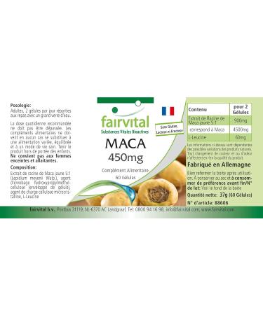 Fairvital | Maca 450mg Strong - with 4500mg of maca root per daily dose - Anti-stress Invigorating & Energy - High dosed - VEGAN - 60 capsules - Buy Online on GoSupps.com