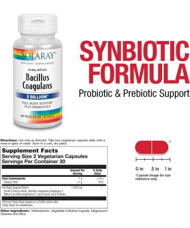 Solaray Bacillus Coagulans 5 Billion - 60 Vegetarian Capsules | Probiotic Supplement - Buy Online on GoSupps.com