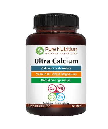 Pure Nutrition Ultra Calcium 1000mg with VIT D3 + K2 | 120 Tab | Highly absorbable Calcium Supplement with Calcium Citrate Malate, VIT D3, K2, Moringa Oleifera, Magnesium and Zinc. 120 Count (Pack of 1)