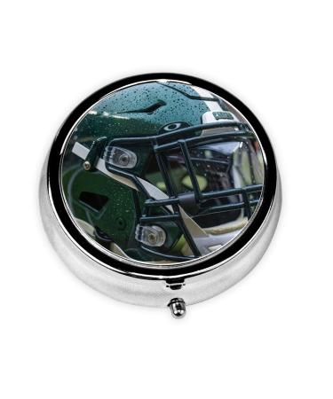 Green Football Helmet Portable Metal Pill Box Round Mini 3-Compartment Plastic Insert hinged Fastening Design Suitable for Small Pills Must-Have for Travel Black