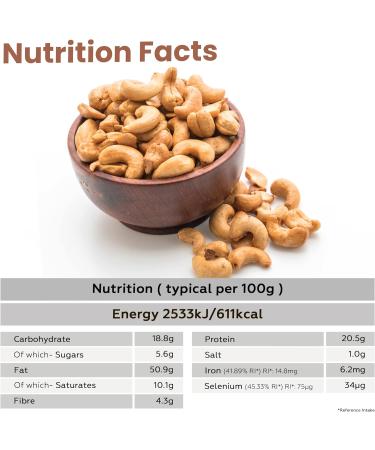 Zeina Jumbo Roasted Salted Cashews with Fibre Protein and Minerals Naturally Gluten Free and Vegan Approved Premium Healthy Snack - 1 x 1Kg - Buy Online on GoSupps.com