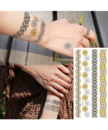 8 Sheets Gold Metallic Temporary Tattoos for Women - Shimmer Designs, Jewelry Fake Tattoo Stickers - Waterproof Body Makeup - Buy Online on GoSupps.com