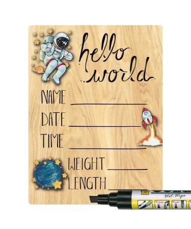 Cohas Hello World Newborn Baby Announcement Printed Wood Sign with Space Theme, 5 by 7 Inches, Black Marker 5 by 7 Inch Black Marker
