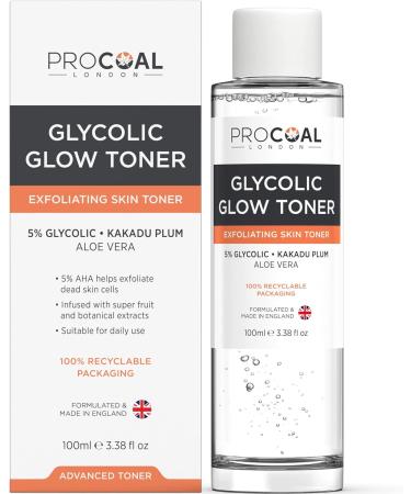 Glycolic Glow Toner with Vitamin C & Aloe Vera by Procoal - Pore Minimizer Brightening & Exfoliating Skin Toner for Face Glow Tonic for Face 100% Recyclable Packaging Vegan Made in UK - Buy Online on GoSupps.com