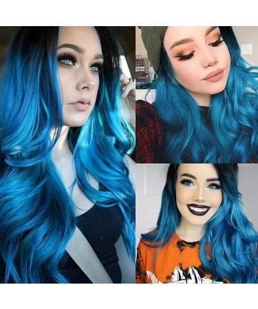 Colorfulpanda Long Blue Ombre Wavy Wig for Women - 26 Inches, Heat Resistant Synthetic Hair with Dark Roots - Perfect Pastel Curly Style - Buy Online on GoSupps.com