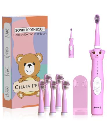 CHAIN PEAK Kids Sonic Electric Toothbrush Cute Bear Rechargeable Toothbrush for Children Boys Girls Age 3-12 with 30s Reminder 2 Min Timer 5 Modes 6 Brush Heads Wall-Mounted Holder Pink+6 Heads+ Holder