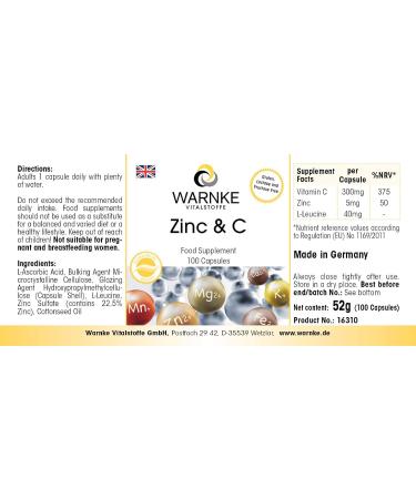 Zinc and vitamin C 300 mg - vitamin C - 5 mg zinc - 100 capsules - Vegetarian | Warnke Vitalstoffe - Quality from German pharmacies - Buy Online on GoSupps.com