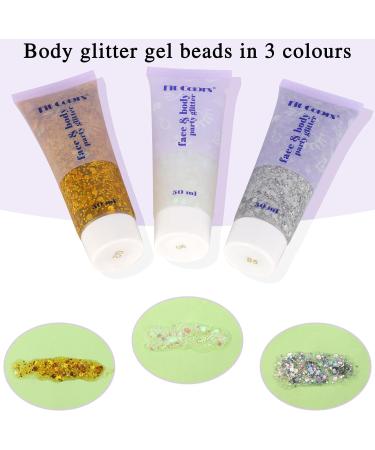 FRIUSATE 3x50ml Body Glitter Gel - Mermaid Sequins Holographic Sparkle for Face, Body, Eye & Hair - Festival Party Accessories - Buy Online on GoSupps.com