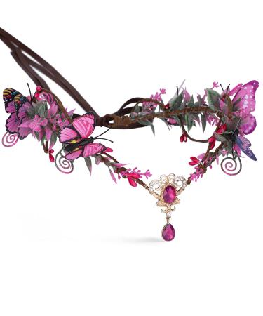 MOSTORY Fairy Crown Pink Butterfly Elf Headpiece Woodland Headband Elven Circlet Tiara for Women Christmas Halloween Renaissance Renfaire Cosplay