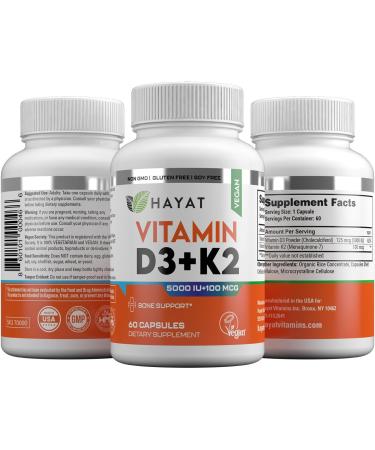 HAYAT Vitamins Vegan Vitamin D3+K2 (5000 IU + 100 MCG) Dietary Supplement for Bone Teeth Muscle and Immune Health Support 2 Month Supply Certified Halal 60 Capsules Made in The USA - Buy Online on GoSupps.com