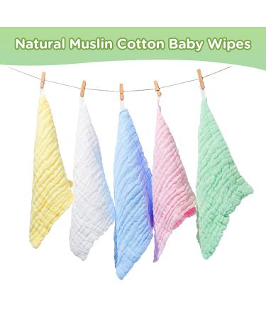 20 Pack Natural Muslin Cotton Baby Washcloths - Soft Newborn Baby Wipes for Sensitive Skin - 12x12 inches (Blue White Green Yellow Pink) - Buy Online on GoSupps.com