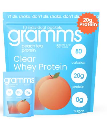 GRAMMS Clear Protein Powder Packets 20G Protein for Women & Men | Lactose Free Grass-Fed Whey Isolate Gluten Free Zero Sugar Gut Friendly Non-Bloating (10 Servings) Peach Tea
