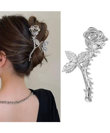 Flower Claw Clip Cute Metal Rose Hair Clips Large Non-Slip Headdress Silver Rose Hair Claw Clip Thick Long Hair Jaw Clips Hair Accessories for Women and Girls Hair Styling Fashion Hair Supplies