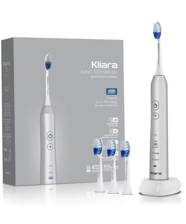 Kliara Designer Electric Sonic Toothbrush for Adults | Rechargable & Waterproof | Fastest Motor in the World 48.000 BPM | 40 Days Battery | 4 Replacement Heads for 1 Year of Brushing Included | SILVER