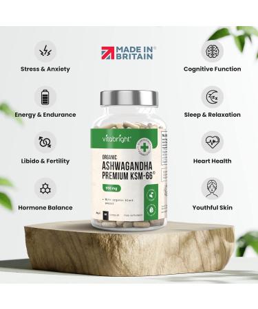 Organic Ashwagandha KSM-66 Capsules 550mg - 90 Vegan Capsules | High Concentration 10:1 Extract | 5% Withanolides | VitaBright UK - Buy Online on GoSupps.com