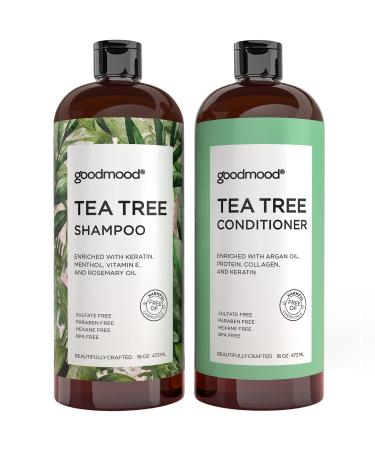 GoodMood Tea Tree Shampoo and Conditioner Set, Mint Shampoo enriched with Protein, Collagen & Silk, Treatment For Men and Women with DHT Blockers, Sulfate & Paraben Free 2x16oz