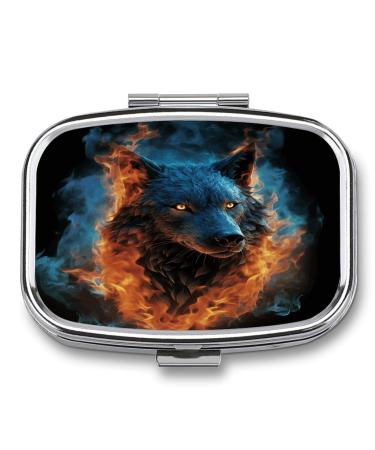 Pill Box Wolf Head in Blue Flames Print 2 Compartment Medicine Pill Case Pill Organizer Decorative Metal Portable Pill Box for Pocket Or Purse