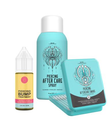 BASE LABORATORIES Ultimate Healing Piercing Aftercare Kit | Piercing Aftercare Spray + Keloid Piercing Bump Treatment Oil + Piercing Cleaner Swabs | Keloid Bump Removal - Saline Solution for Piercings
