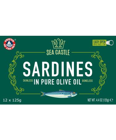 Sea Castle Skinless & Boneless Sardines in Pure Olive Oil 125g (Case of 12) | Rich in Omega 3 Easy Open BPA Free Tin Kosher