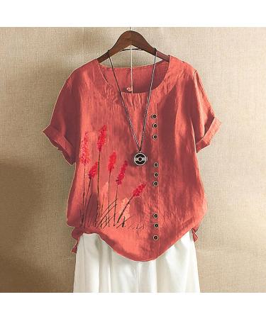 Cotton Linen Women's Dandelion Print Blouse - 3/4 Sleeve Crewneck Vintage Top | Orange-d 3X-Large - Buy Online on GoSupps.com