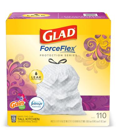 Glad Trash & Food Storage ForceFlex Protection Series Tall Trash Bags, 13 Gal, Gain Moonlight Breeze with Febreze, 110 Ct (Package May Vary)