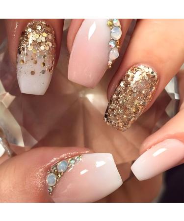 Coffin Press on Nails Short Fake Nails Light Pink & White Gradient Glue on Nails Golden Sequins Rhinestons Pearl Designs False Nails Press ons Artificial Acrylic Nails for Girls 24Pcs