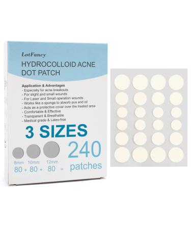 LotFancy Acne Patches 240 Count 3 Sizes (12 10 8mm) Hydrocolloid Pimple Patches for Face Clear Zit Stickers for Blemishes Spots Skin Acne Dots Treatment 240 Patches(3 Sizes)