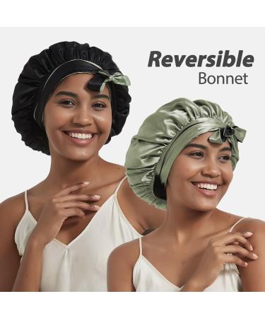 Double Layer Silk Satin Bonnet for Curly Hair | Olive Green/Black Reversible Sleeping Cap | Women's Tie Band Bonnet - Buy Online on GoSupps.com