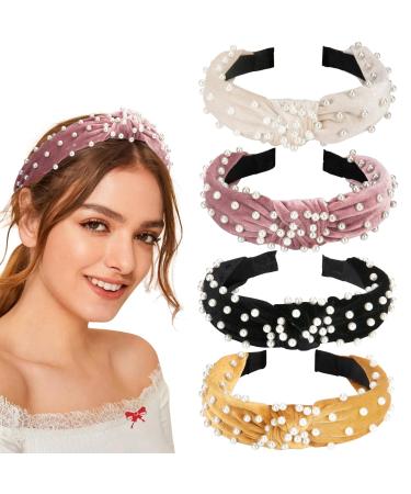 Allucho Headbands for Women  Knotted Headbands Pearl Headband Wide Top Knot Turban Hair Bands  Vintage Velvet Fashion Hair Accessories for Women and Girls 4 Colors