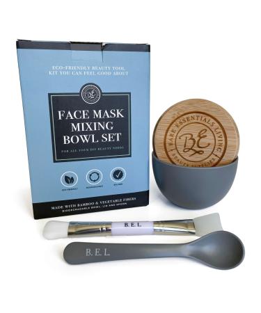 Clay Face Mask Mixing Bowl Set- Kit with Bamboo Lid  Spoon  Dual Sided Face Mask Brush Applicator Soft Silicone Spatula and Face Mask Brush for DIY Clay Mud Mask  Facials  Body and Hair (Grey)