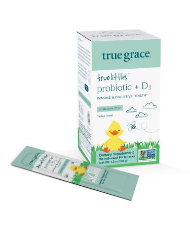 True Grace True Littles - 30 Individual Stick Packs - Kids Daily Probiotic + Vitamin D3 for Immune & Digestive Health - Gluten Free Soy Free Dairy Free - 30 Servings