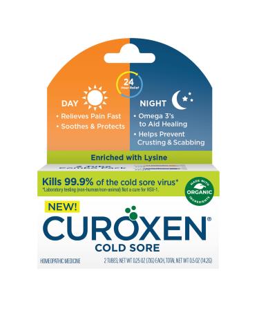 CUROXEN Cold Sore Day & Night Relief Combo Pack Cold Sore Ointment Day and Night Use All Day Cold Sore Relief with All-Natural & Organic Ingredients Enriched with Lysine - 2 Tubes 0.25 oz Each