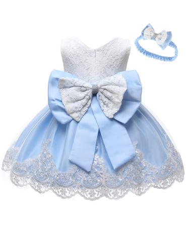 LZH Baby Girls Lace Dress Bowknot Flower Dresses Wedding Pageant Baptism Christening Tutu Gown 0-24 Months 0-3 Months Light Blue