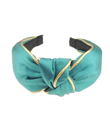 Ladies Girls Evening Gold Piping Trim Shiny Satin Top Knot Headband Alice Band (Turquoise)