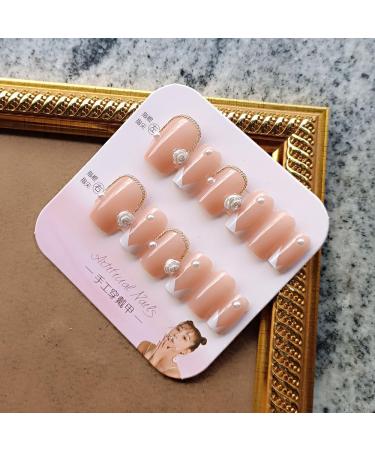 French Tip Press on Nails - Short Round Press On Nails with Nail Tips white Pearl and flower Design Glossy Naked Pink press on nails Acrylic False Nails Cute Artificial Nails