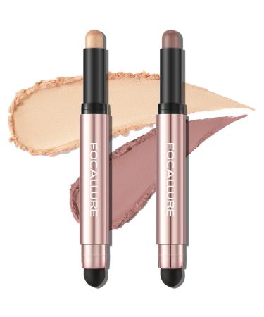 FOCALLURE 2PCS No Crease Eyeshadow Stick Shimmer and Matte Cream Eyeshadow Pencil Crayon Long Lasting Waterproof Eye Brightener Stick With Blending Brush Gleam Rosy