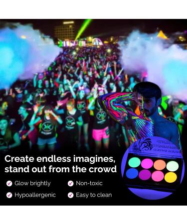 Neon Face Paint Set - Nontoxic & Washable UV Glow Body Paint with Brush - Glow in the Dark Paint for Halloween, Festivals & Parties - 8 Vibrant Colors - Buy Online on GoSupps.com