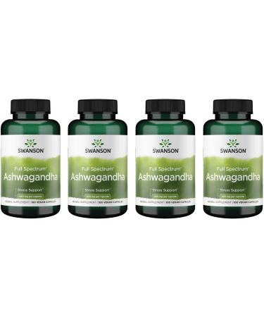 Swanson Ashwagandha Powder Supplement - with Ashwagandha Root to Promote Stress Relief & Energy - Ayurvedic Supplement for Natural Wellness (100 Capsules, 450mg Each) 4 Pack