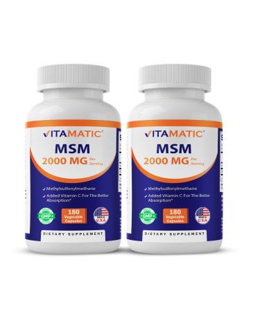 Vitamatic MSM 2000 mg with Vitamin C 75mg per Serving - 180 Veg Capsules - Vitamin C Aid in Better absopriton of MSM (Methylsulfonylmethane) - Non-GMO & Gluten Free-2 Pack