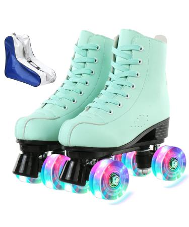 Roller Skates for Women Cozy Green PU Leather High-top Roller Skates for Beginner, Indoor Outdoor Double-Row Roller Skates with Shoes Bag flash wheel 37