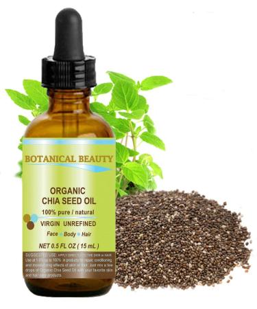 CHIA SEED OIL 100% Pure Natural Virgin Unrefined Cold-Pressed Carrier Oil 0.5 Fl oz 15 ml for Face Skin Body Hair Lip Nails. Rich in Vitamin E by Botanical Beauty
