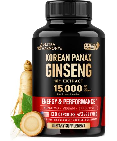 Panax Ginseng 15 000 mg - Red Korean Ginseng Supplement for Men - Extra Strength 10:1 Extract - Energy Focus Productivity & Performance - Natural & Vegan - Made in USA - 120 Capsules 2 Month Supply