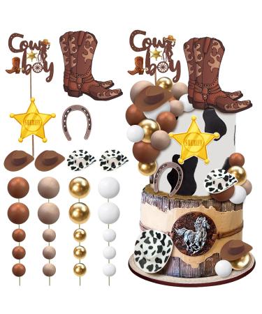 28 Pcs Cowboy Cake Decorations Cowboy Hat Boot Horseshoe Sheriff Badge Ball Cake Toppers Western Cowboy Birthday Baby Shower for Western Theme Party Favors Supplies