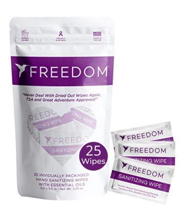 Freedom Individually Wrapped Hand Sanitizing Wipes for Travel  Lavender Eucalyptus Scent  Kills 99.9% of Germs  25 Hand and Face Wipes for Home  Airplane  and Office Use
