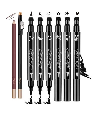 8 Pack Liquid Eyeliner Stamp Set with 6Pcs Eyeliner Stamp and 2Pcs Eyebrow Pencil Waterproof Smudgeproof Eyeliner Long Lasting Eyeliner Pen (Heart/Flower/Moon/Star/Smiley /Triangle Seal Stamp) 8PCS