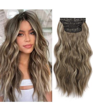 Clip in Hair Extensions 4PCS Thick Full Head Ash Brown with Highlights 20Inch Hair Extensions Clip in Curly Wavy Synthetic Hair Extension Hairpieces