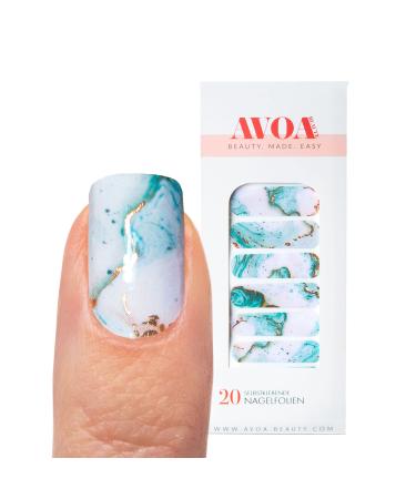 Avoa Beauty nail film - "I Sea what you did there" turquoise white gold marble nail art design 20 thin self -adhesive long -lasting nail wraps