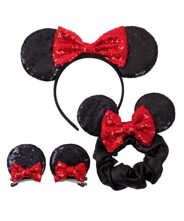 Poise3EHome 1Pc Minnie Mouse Ears Handband for Women Adult Mom - 2Pcs Mouse Ear Hair Clips for Kids Girls - 1Pc Mouse Ears Scrunchies with Sequin Bow for Ponytail Birthday Princess Party Christmas Black & Red Black Ears & Red Bow